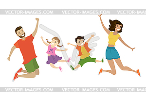 Cartoon happy jumping family,cute smiling people, - vector clipart