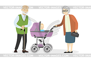 Grandmother and grandfather with pram and baby - vector clipart