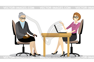 Cartoon business woman and grandmother talking in - vector clip art