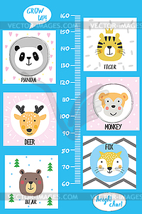 Kids height chart.Cute and funny animals - vector image