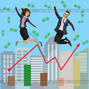 Two happy jumping business people - vector clipart