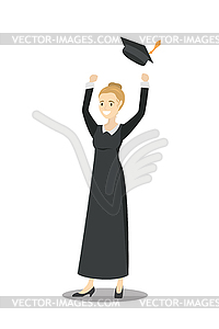 Caucasian female graduate throwing up her hat - royalty-free vector clipart