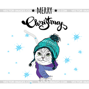 Cute Merry Christmas winter card with cat in hat an - vector clipart / vector image