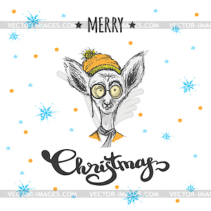 Cute Merry Christmas winter card with lemur in hat - vector clipart