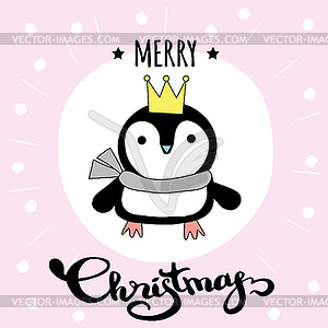 Cute Merry Christmas winter card with penguin - color vector clipart