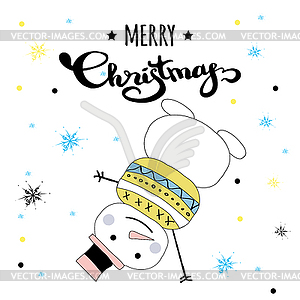 Snowman stands on his hand, funny and cheerful - vector clipart