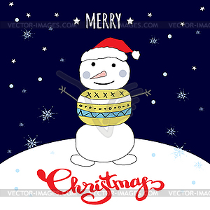 Cute Merry Christmas winter card with doodle snowman - vector clip art