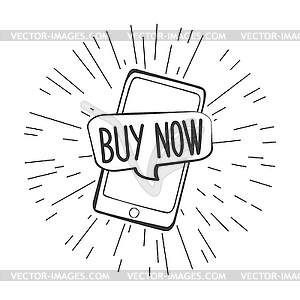 Buy now speech bubble on mobile phone screen - vector clipart
