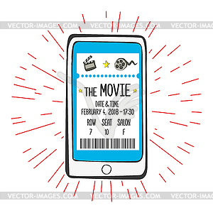 Movie ticket on smartphone screen - vector clip art