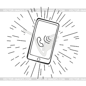 Doodle smartphone with call sign on screen - vector image