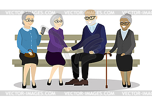 Multicultural old people are sitting on bench - vector clip art