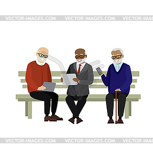 Grandfathers with smart gadgets sitting on bench - vector EPS clipart