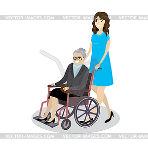 Cartoon young beautiful woman rolls grandmother in - vector clipart
