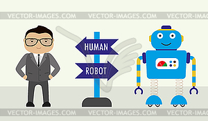 Робот и человек-мужчина, знак с двумя путями - векторный клипарт / векторное изображение