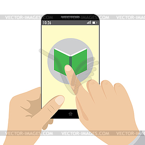 Рука держит приложение смарт-телефон-книга - векторное графическое изображение