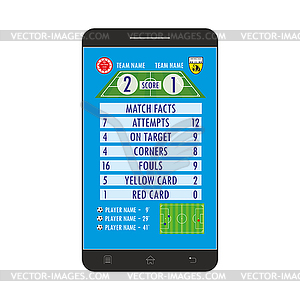 Soccer or football application on smartphone screen - vector image