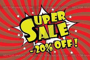 Super sale pricetag in comic pop art style,-20% - vector image