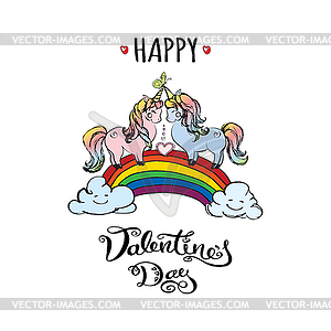 Happy valentines day card with couple of unicorns - vector image