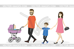 Happy young family with baby carriage walking - vector image