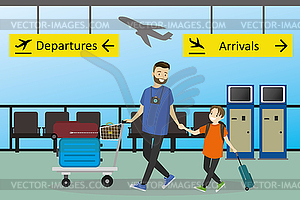 Cartoon happy people and airport trolley with - vector EPS clipart