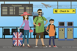 Happy caucasian Family of travelers with suitcases - vector clipart