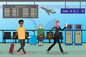 Cartoon People with suitcases and bags at airport - vector image