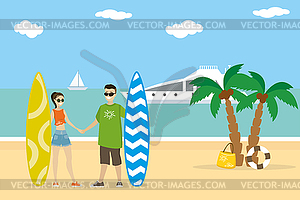Cartoon couple in love holds surfboards on beach, - vector clipart