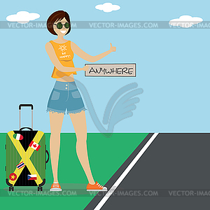 Caucasian girl with suitcase hitchhiking - vector clipart