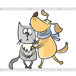 Funny dog hugs cat, - vector image