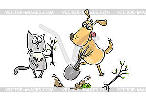 Забавный Кот с рассадой и собака с лопатой завод я - векторное графическое изображение