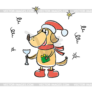 Милая зимняя открытка с собакой в красной шапке, шарфе - векторный клипарт Royalty-Free