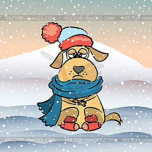 Sad dog with hat and scarf,winter stress concept - vector clip art