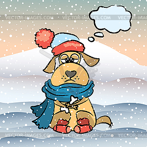 Sad dog with bone,hat and scarf,winter stress - vector clipart