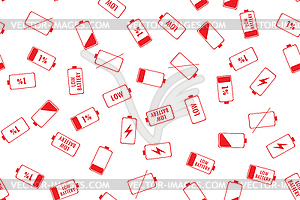 Seamless pattern with Red Battery Indicator Icons, - vector clip art