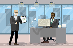 Два мультипликационных бизнесмена общаются в современном офисе - рисунок в векторе