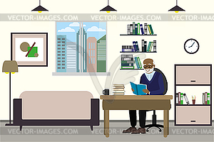 Cartoon old man at home,grandfather read book - vector clip art