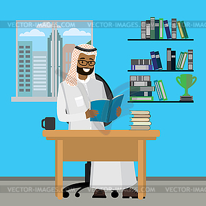 Cartoon arab man read book, interior design with - vector image