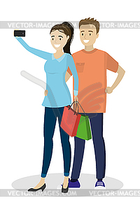 Cartoon love couple makes selfie, - vector clip art