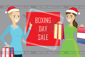 Two cartoon, happy woman with shopping bags - vector image