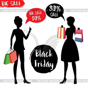 Silhouette of women with shopping bags,Black - vector clip art