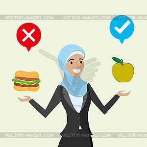 Счастливая арабская женщина выбирает здоровую пищу - стоковый векторный клипарт