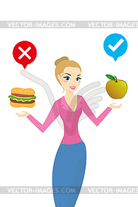 Happy woman choose healthy foods - vector clip art