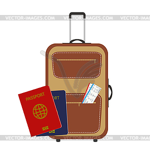 Cartoon passports,modern suitcase and boarding pass - vector clipart