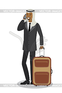 Мультяшный арабский бизнесмен с современным чемоданом - изображение в векторном виде