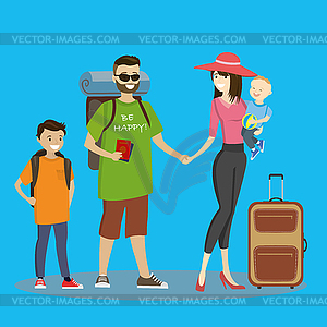 Cartoon caucasian family of tourists with suitcase - vector image