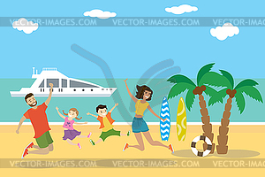 Cartoon tropical beach,Happy family jumping on beach - vector clipart