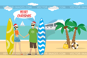 Cartoon caucasian couple in red hats holds - vector clipart