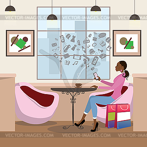 African american woman drinking coffee in cafe afte - vector clip art