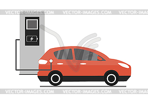 Electric car charging, Cartoon modern car - vector clipart