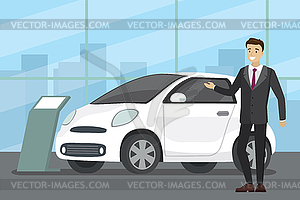 Sale of new car,seller at car showroom shows vehicle - vector image